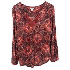 Lucky Brand Crochet Blouse Size XL Long Slit Sleeves Peasant Boho Top Tassel Red